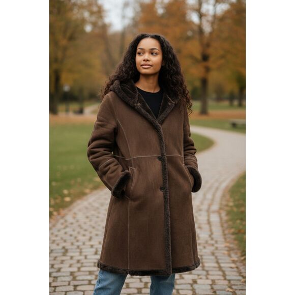 S by Searle Pig Suede Chocolate Brown Faux Fur Pea Coat Long Women's Small - Picture 1 of 5
